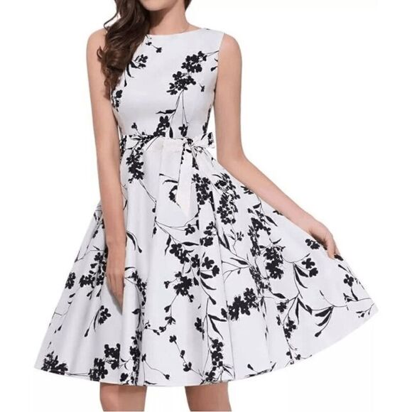 🖤🤍 2PCS Bundle Pinup Retro 1950s Floral Dress w/Belt & Petticoat SIZE L NEW - Picture 8 of 15